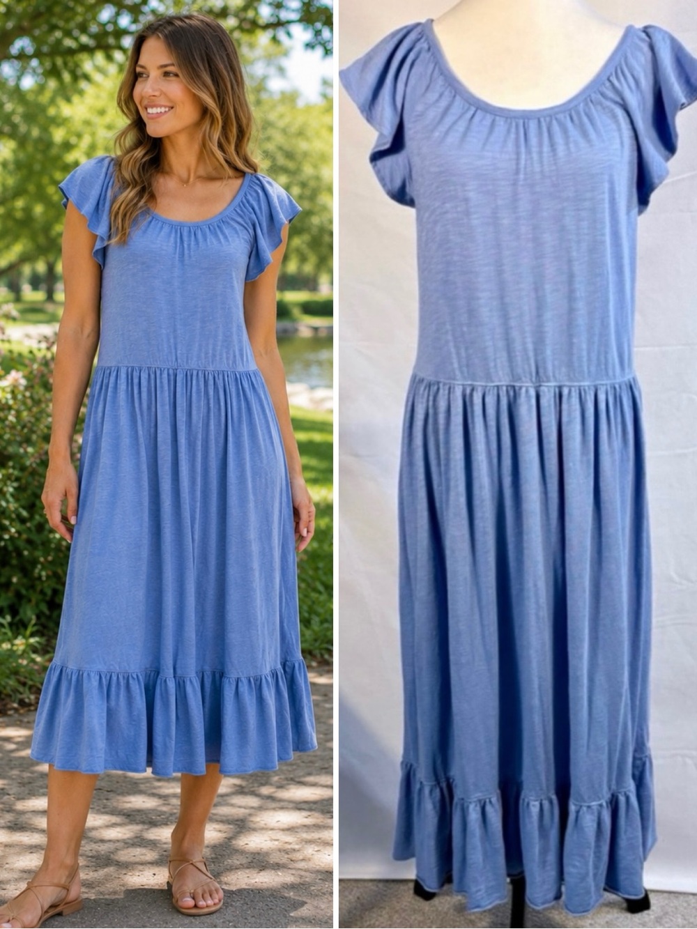 Lilla P Blue  Ruffle Hem Short Sleeve Midi Dress Sz S💚